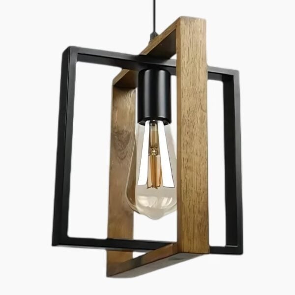Architecturale hanglamp in natuurlijk hout en zwart metaal