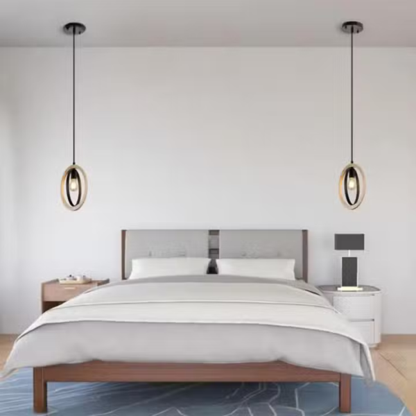 Suspension contemporaine aux anneaux entrelacés bois et métal
