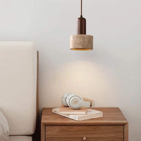 Suspension cylindrique en travertin et bois noble