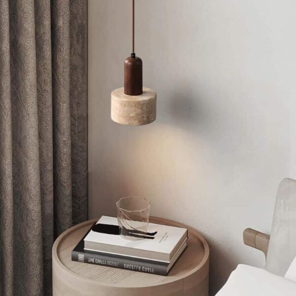 Suspension cylindrique en travertin et bois noble