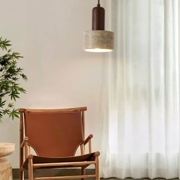 Suspension cylindrique en travertin et bois noble