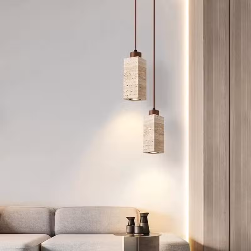 Suspension luminaire minimaliste en travertin et bois noble