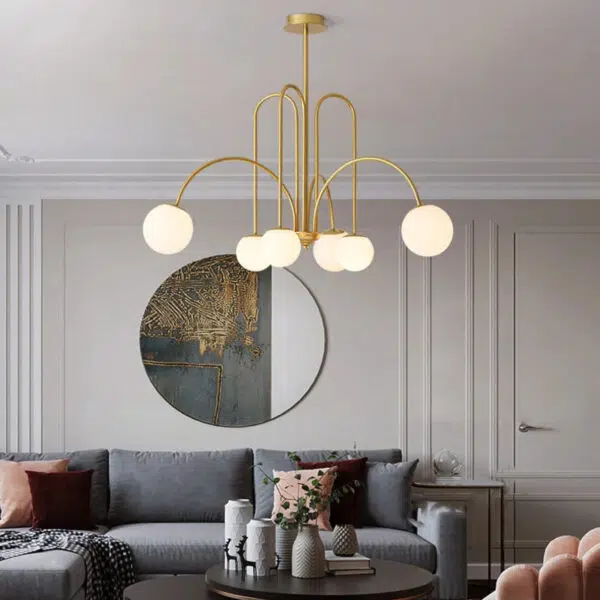 Suspension contemporaine six globes lumineux en verre