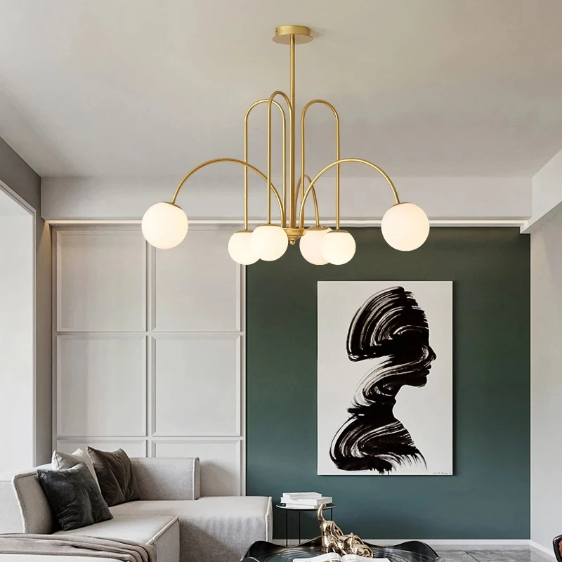 Suspension contemporaine six globes lumineux en verre