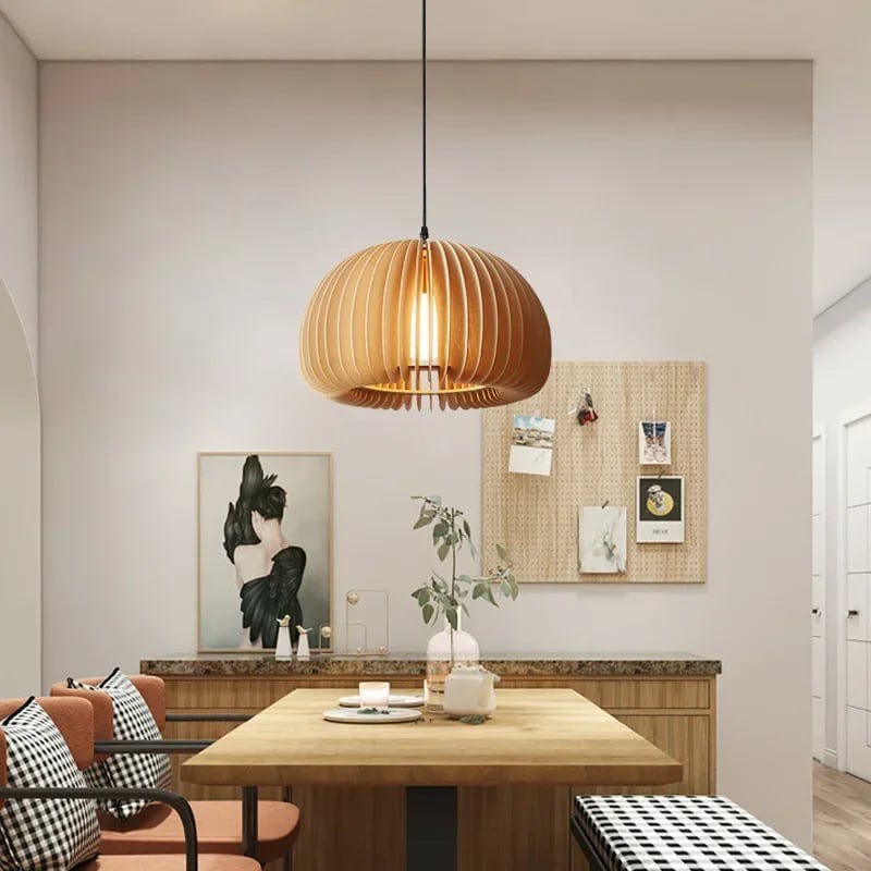 Suspension lumineuse artisanale en bois naturel pour salle à manger
